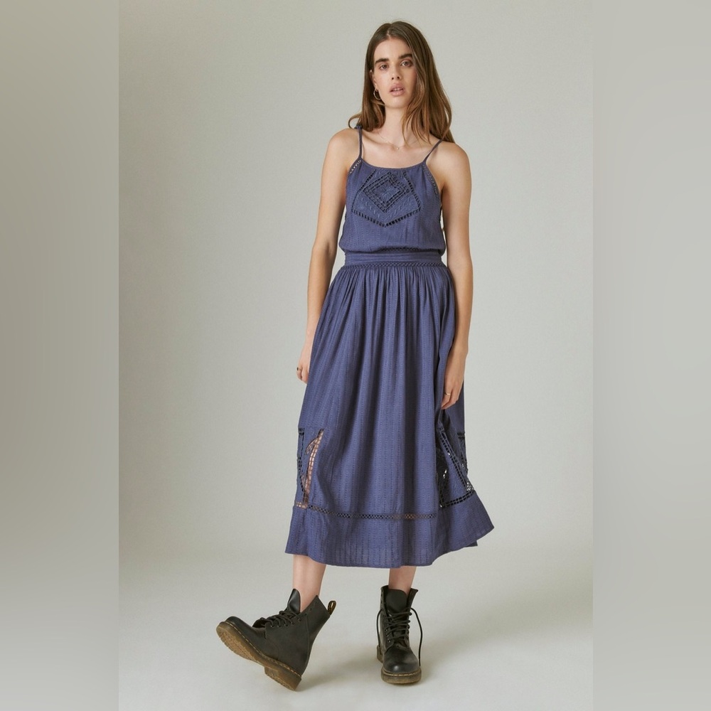 NWOT Lucky Brand Eyelet Maxi Dress in Nightshadow Blue Size S